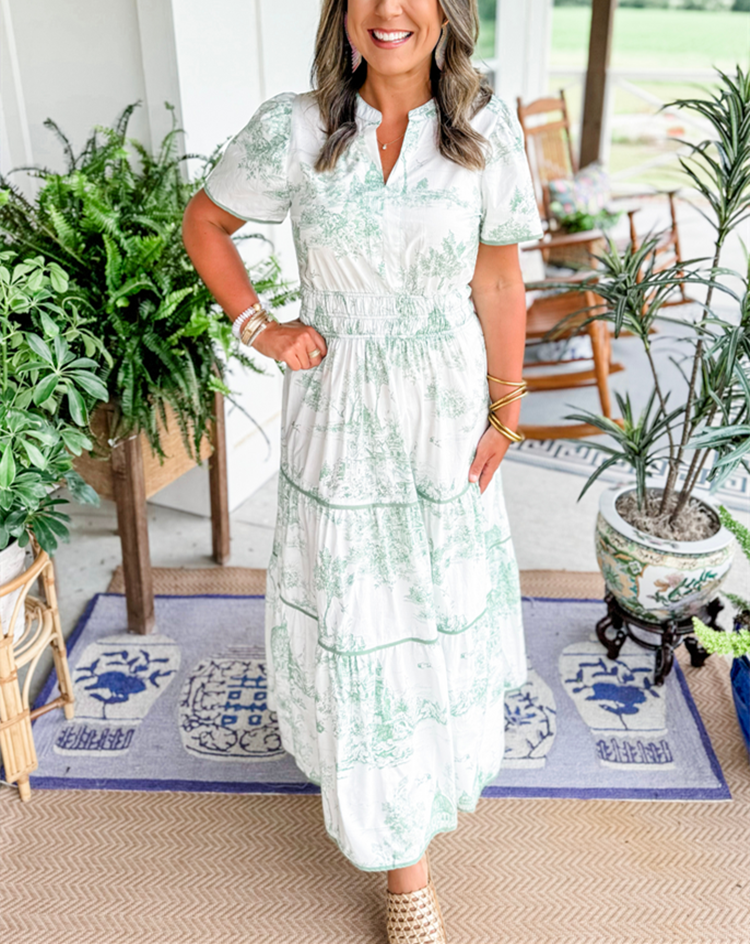 Clementine | Women's Cotton Toile Print Puff Sleeve Tiered Maxi Dress