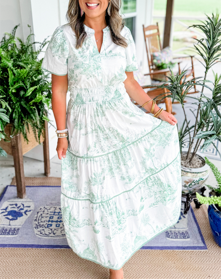 Clementine | Women's Cotton Toile Print Puff Sleeve Tiered Maxi Dress