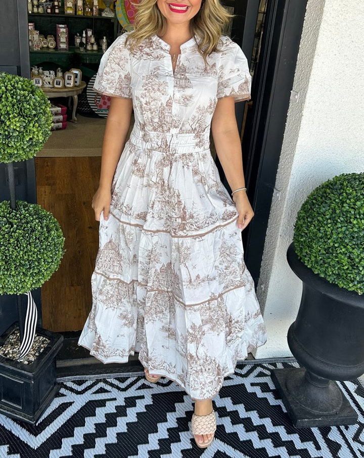 Clementine | Women's Cotton Toile Print Puff Sleeve Tiered Maxi Dress