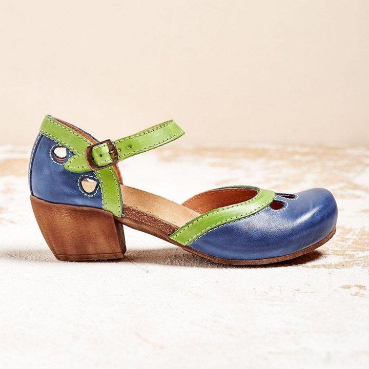 Clementine | Women's Leather Colourblock Cut-Out Ankle Strap Block Heel Sandals