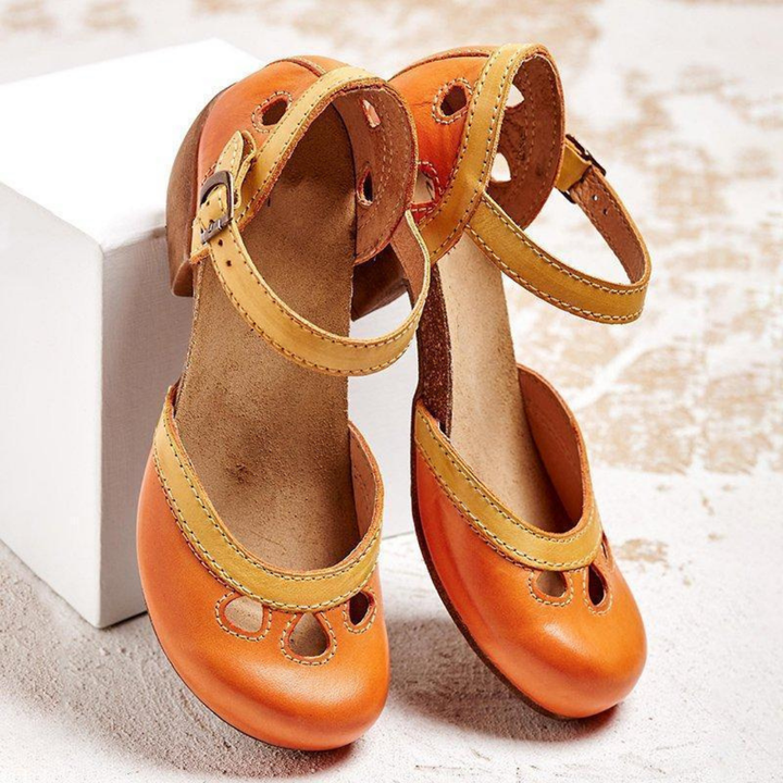 Clementine | Women's Leather Colourblock Cut-Out Ankle Strap Block Heel Sandals