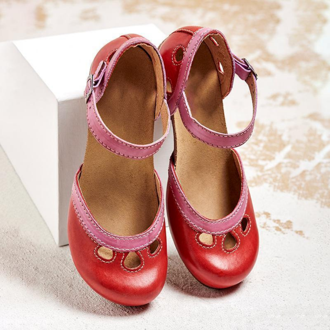 Clementine | Women's Leather Colourblock Cut-Out Ankle Strap Block Heel Sandals
