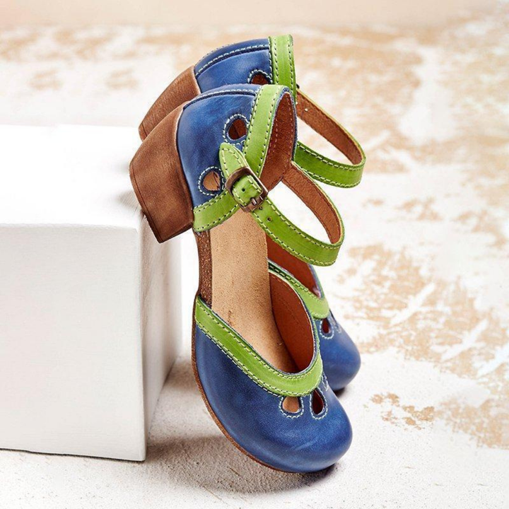 Clementine | Women's Leather Colourblock Cut-Out Ankle Strap Block Heel Sandals