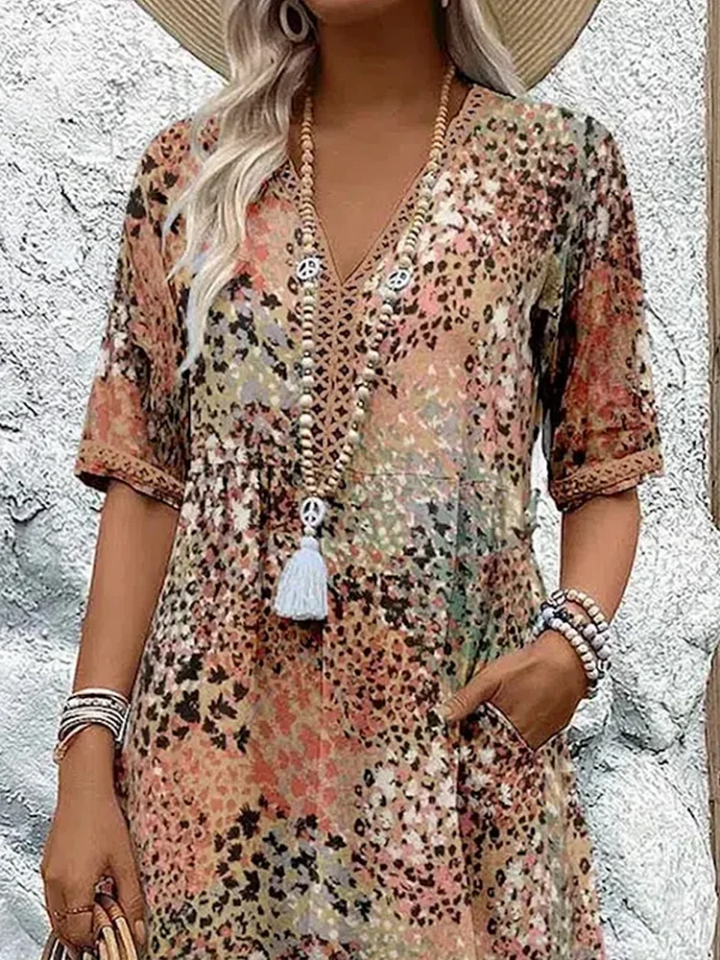 Cleo | Women's Cotton Boho Print V-Neck Pocket Midi Dress