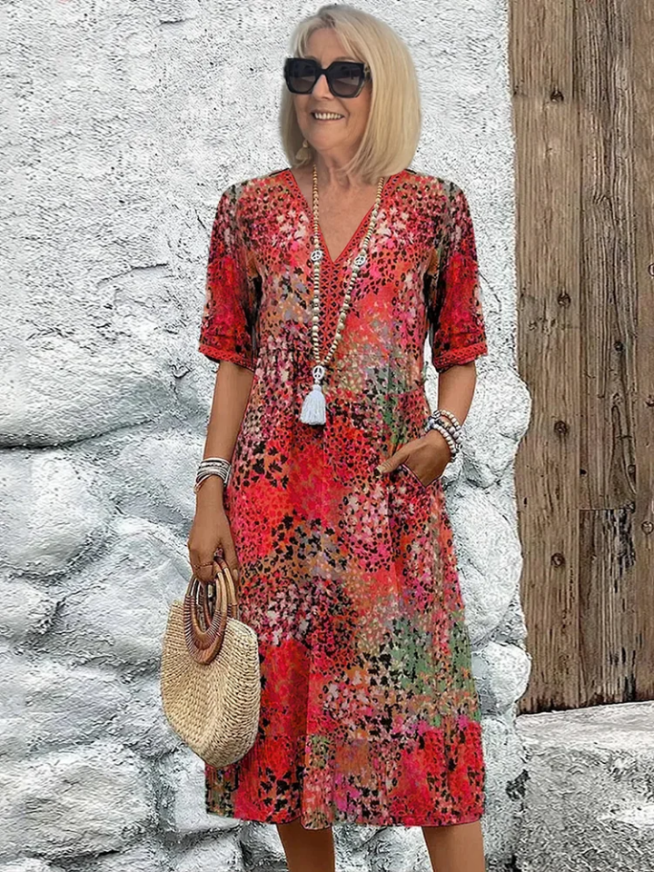 Cleo | Women's Cotton Boho Print V-Neck Pocket Midi Dress