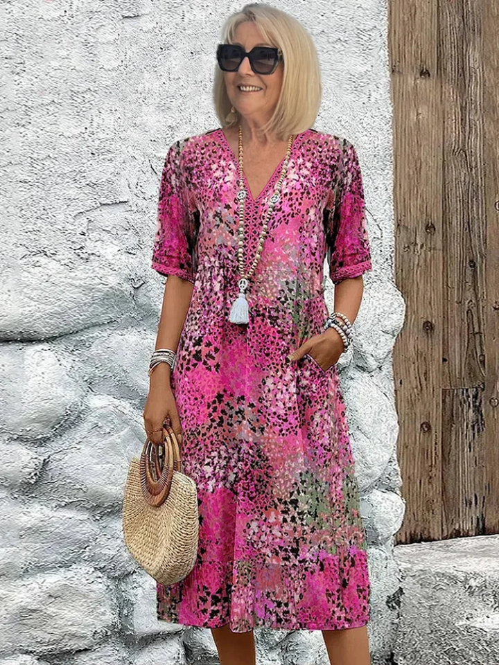 Cleo | Women's Cotton Boho Print V-Neck Pocket Midi Dress