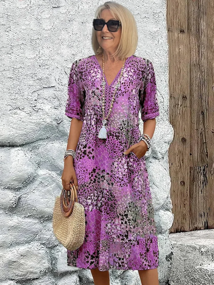 Cleo | Women's Cotton Boho Print V-Neck Pocket Midi Dress