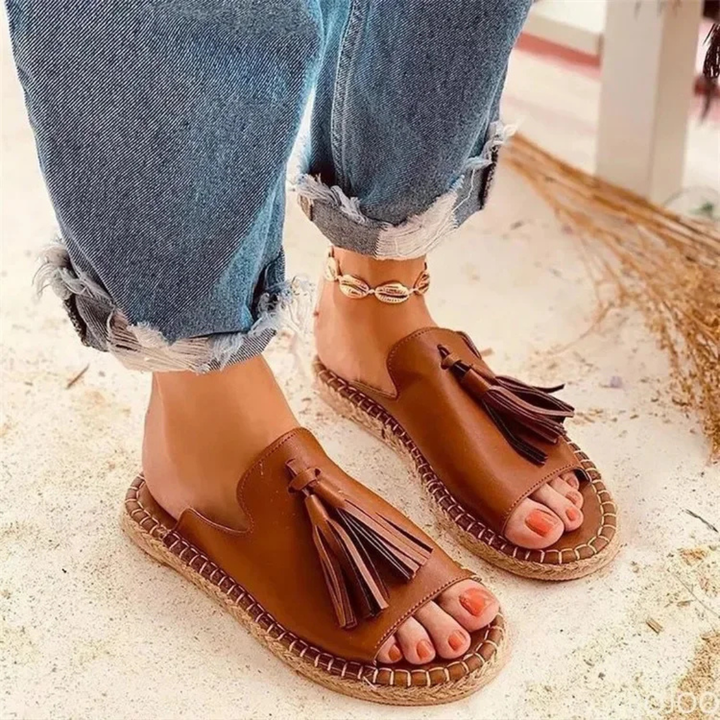 Cleo | Women's Jute Tassel Espadrille Flat Slide Sandals