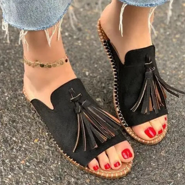 Cleo | Women's Jute Tassel Espadrille Flat Slide Sandals
