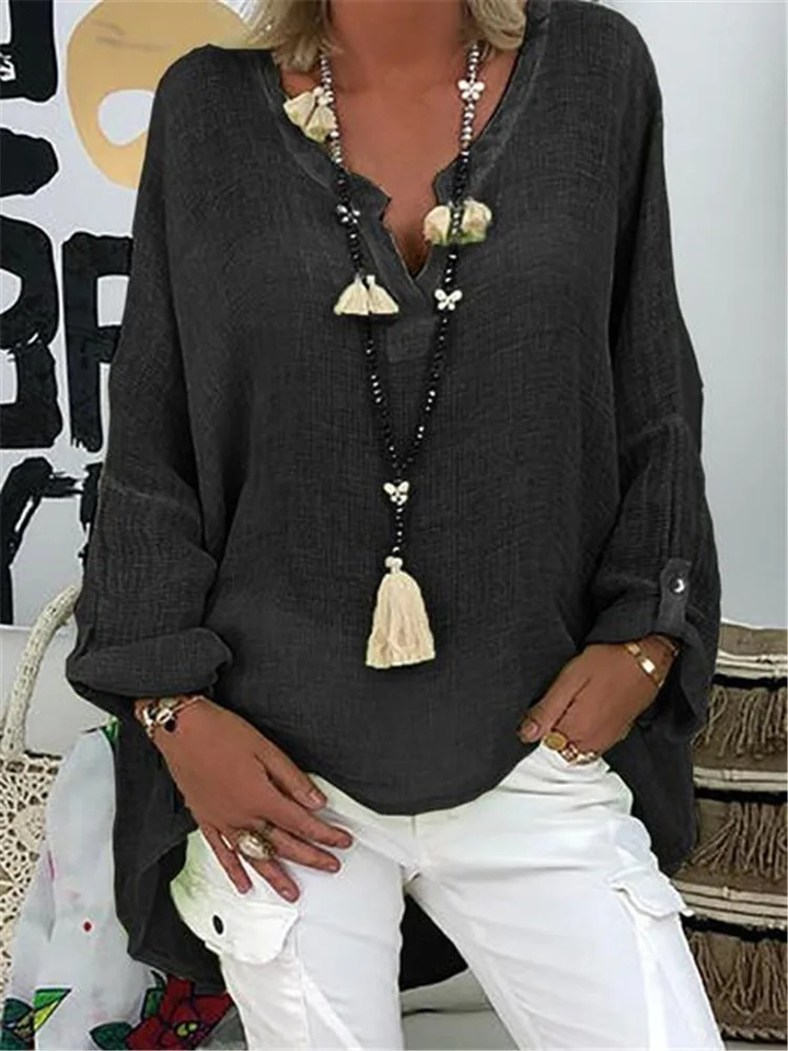 Cleo | Women's Linen Oversized V-Neck Tie-Front Relaxed Blouse