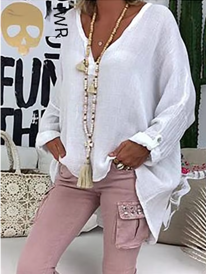 Cleo | Women's Linen Oversized V-Neck Tie-Front Relaxed Blouse