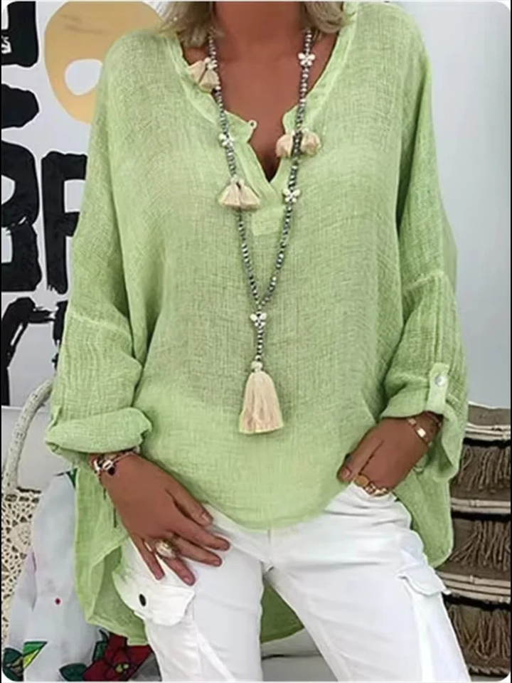 Cleo | Women's Linen Oversized V-Neck Tie-Front Relaxed Blouse