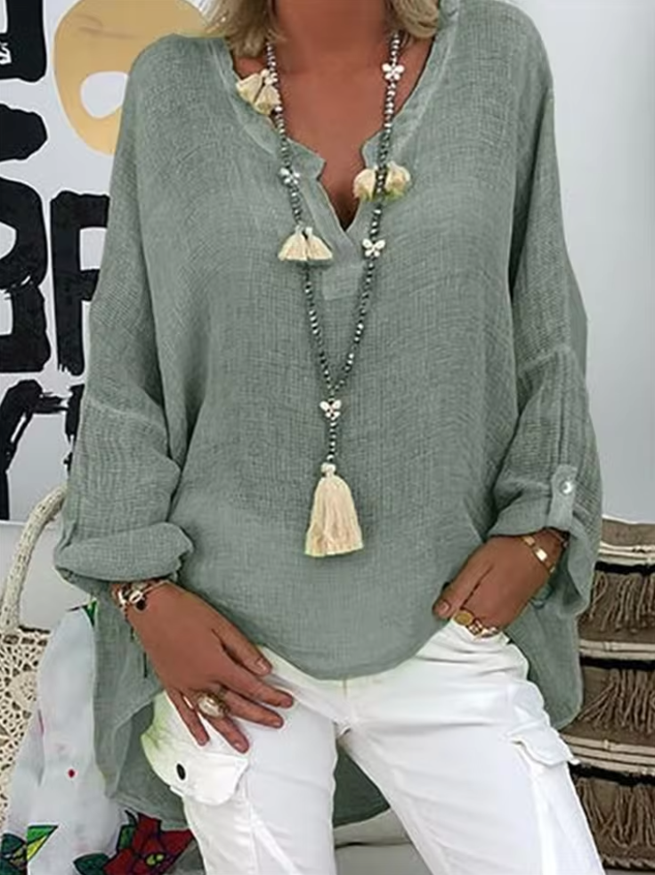 Cleo | Women's Linen Oversized V-Neck Tie-Front Relaxed Blouse