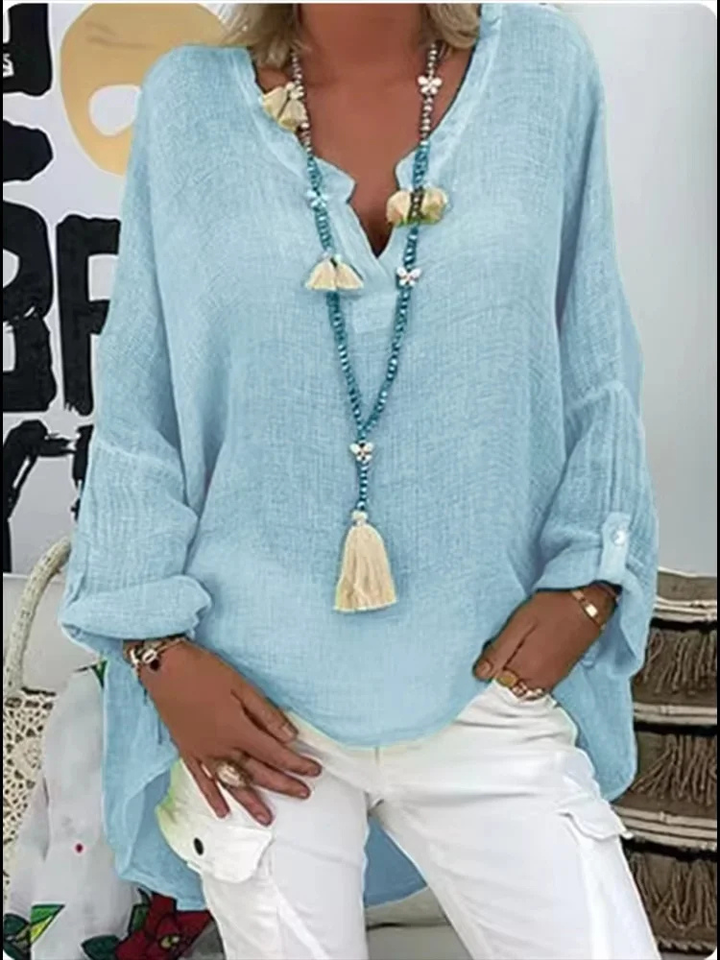 Cleo | Women's Linen Oversized V-Neck Tie-Front Relaxed Blouse