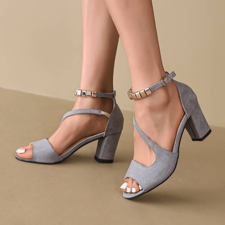 Cleo | Women's Suede Metallic Ankle Strap Block Heel Sandals