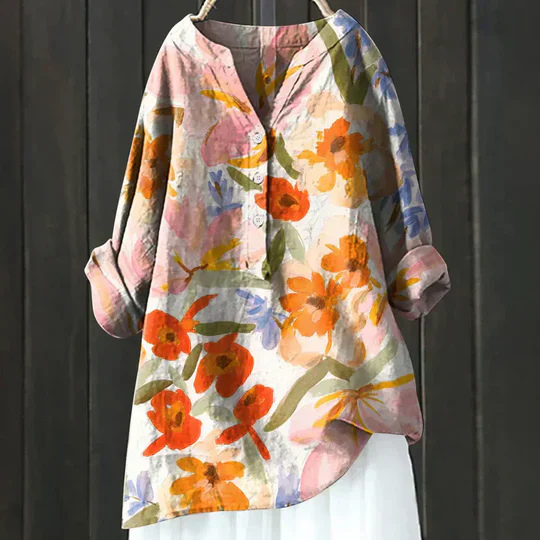 Clover | Women's Linen Floral Print V-Neck Roll-Sleeve Oversized Blouse