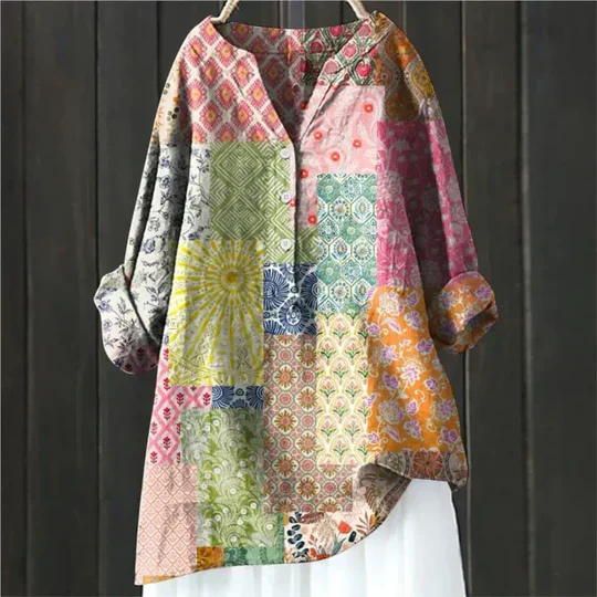 Clover | Women's Linen Floral Print V-Neck Roll-Sleeve Oversized Blouse