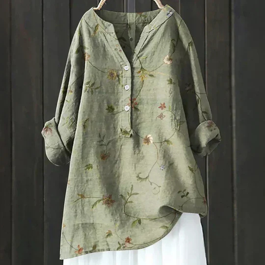 Clover | Women's Linen Floral Print V-Neck Roll-Sleeve Oversized Blouse