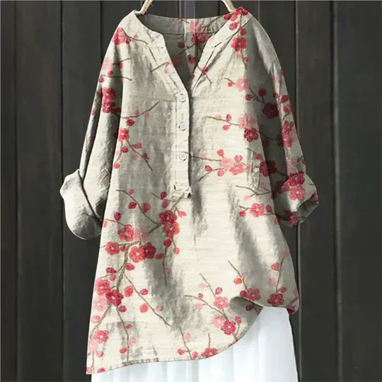 Clover | Women's Linen Floral Print V-Neck Roll-Sleeve Oversized Blouse