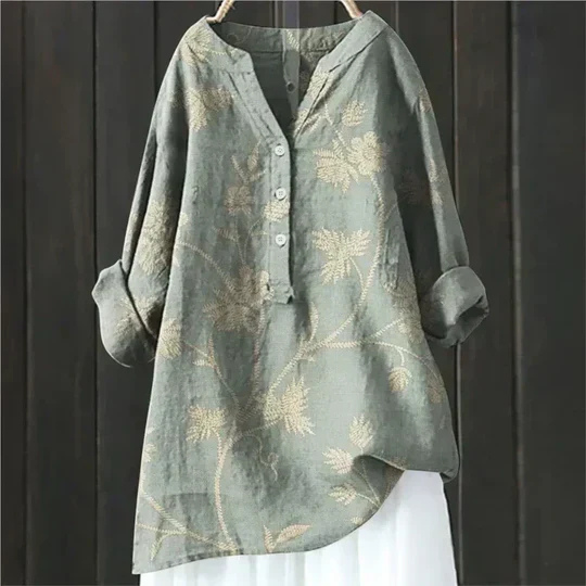 Clover | Women's Linen Floral Print V-Neck Roll-Sleeve Oversized Blouse
