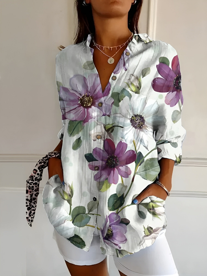 Clover | Women's Linen Print Collared Button-Down Blouse