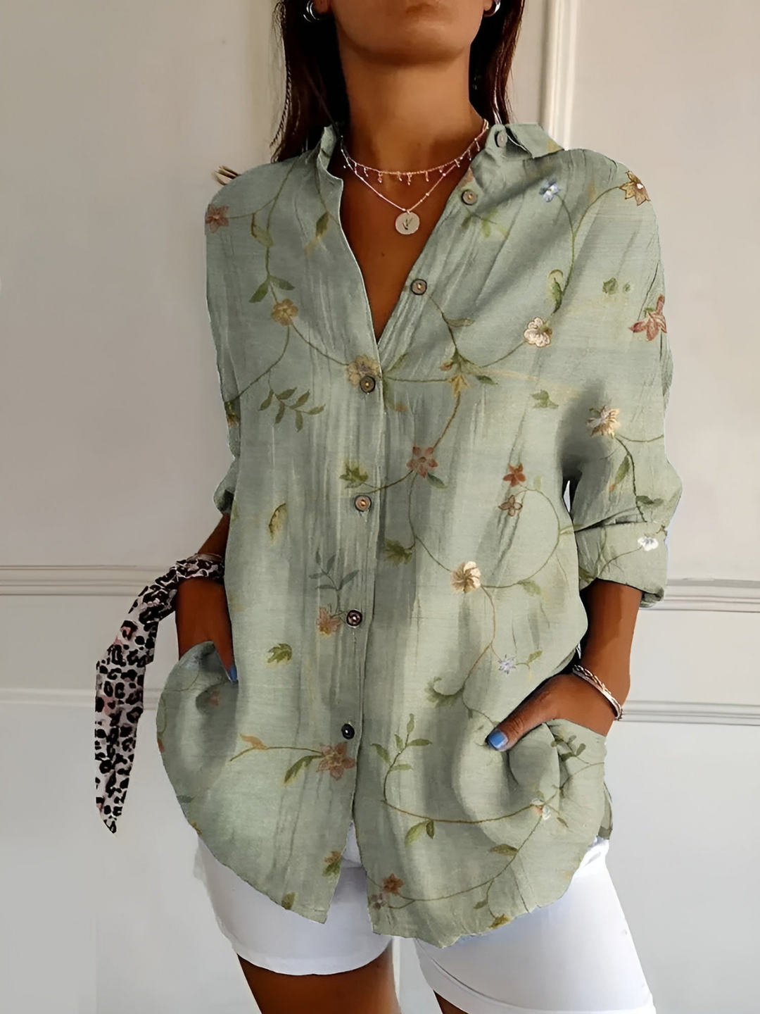 Clover | Women's Linen Print Collared Button-Down Blouse