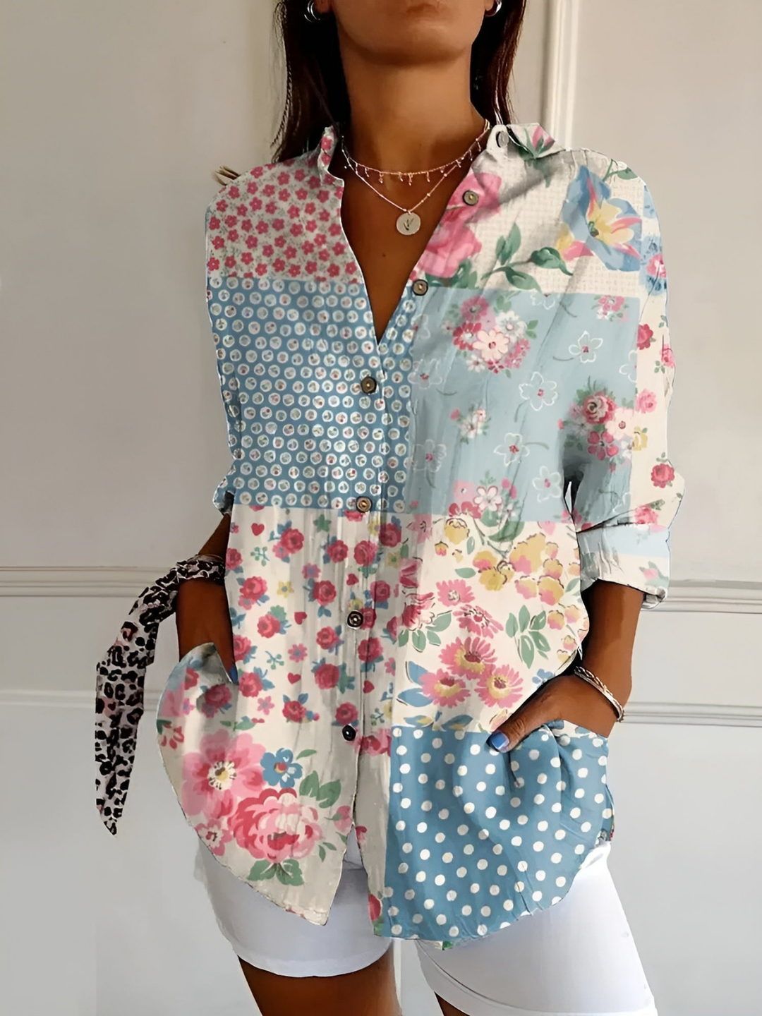 Clover | Women's Linen Print Collared Button-Down Blouse