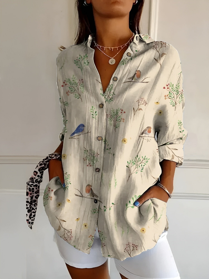 Clover | Women's Linen Print Collared Button-Down Blouse