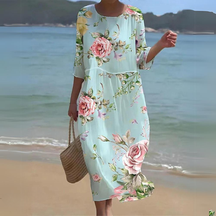 Coral | Women's Chiffon Print Round-Neck Relaxed Maxi Dress