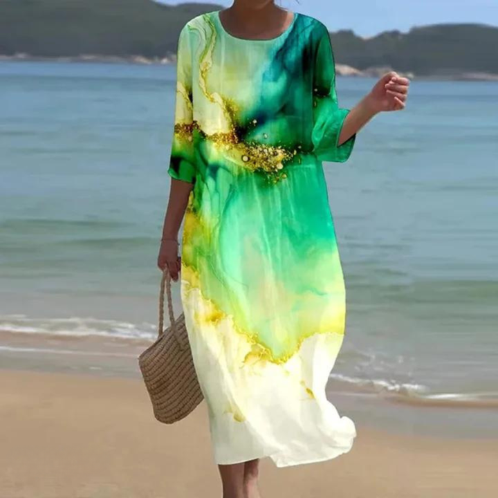 Coral | Women's Chiffon Print Round-Neck Relaxed Maxi Dress