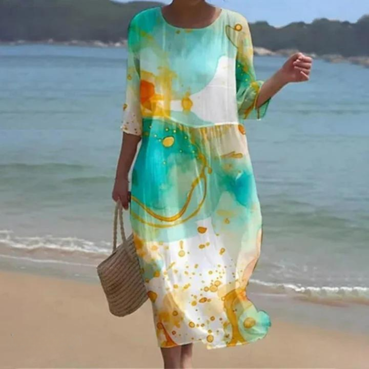 Coral | Women's Chiffon Print Round-Neck Relaxed Maxi Dress
