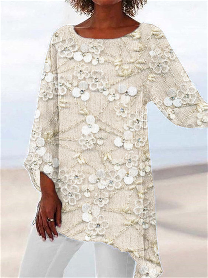 Cosima | Women's Linen Floral Long Sleeve Asymmetric Tunic Blouse