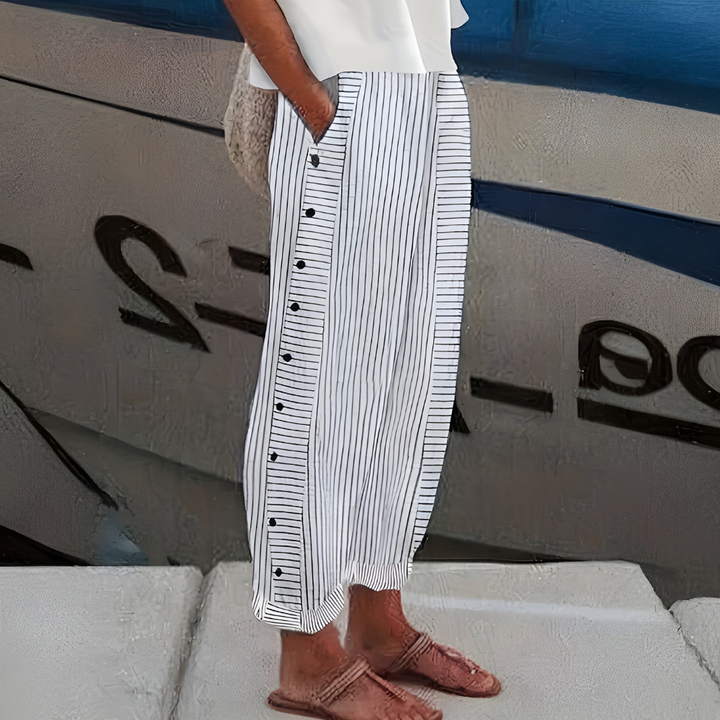 Darce | Women's Linen Stripe Button-Side Relaxed Trousers