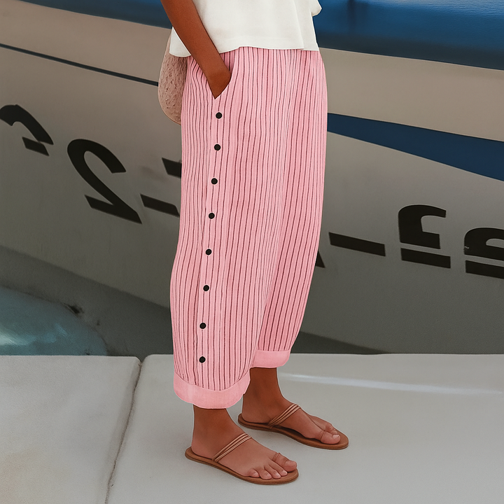 Darce | Women's Linen Stripe Button-Side Relaxed Trousers