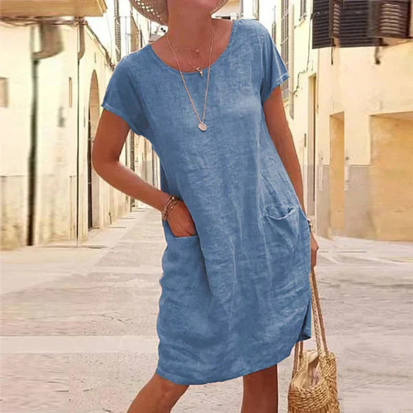 Darcie | Women's Linen Short-Sleeve Relaxed Shift Midi Dress
