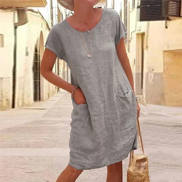 Darcie | Women's Linen Short-Sleeve Relaxed Shift Midi Dress