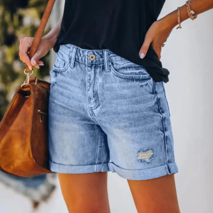 Demi | Women's Blue Denim High-Waist Distressed Roll-Cuff Shorts