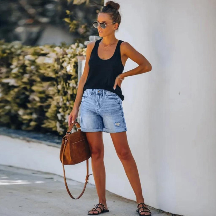 Demi | Women's Blue Denim High-Waist Distressed Roll-Cuff Shorts