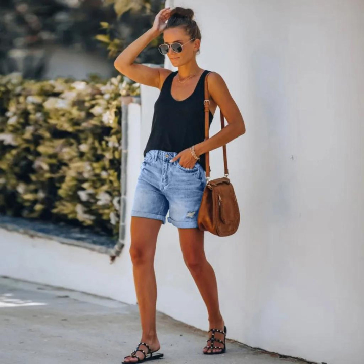 Demi | Women's Blue Denim High-Waist Distressed Roll-Cuff Shorts