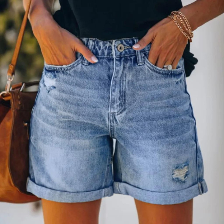 Demi | Women's Blue Denim High-Waist Distressed Roll-Cuff Shorts