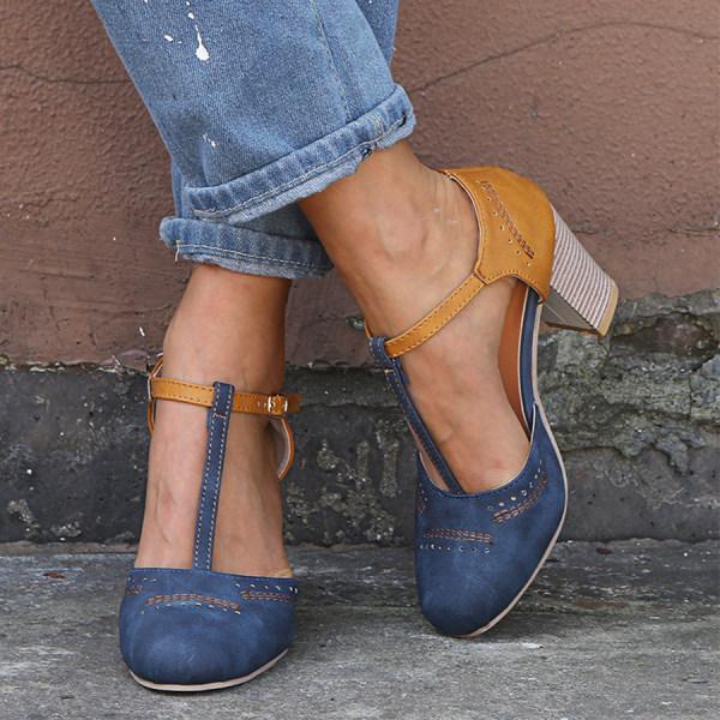 Dusty | Women's Suede Colourblock T-Bar Block Heel Shoes