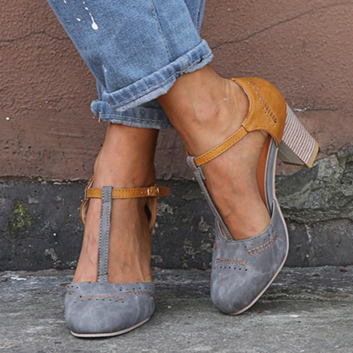 Dusty | Women's Suede Colourblock T-Bar Block Heel Shoes