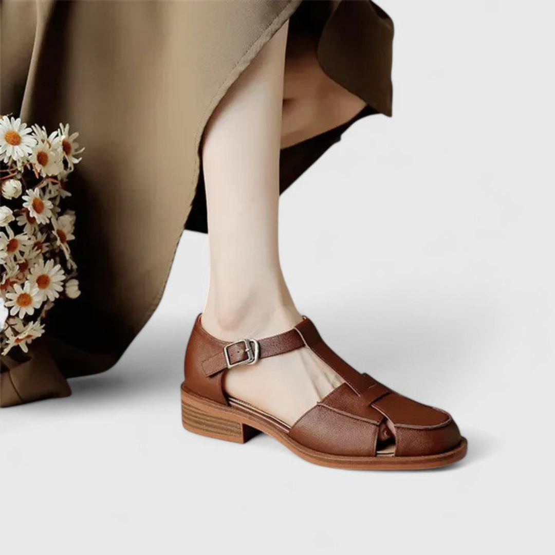 Elodie | Women's Leather T-Bar Closed-Toe Block Heel Sandals