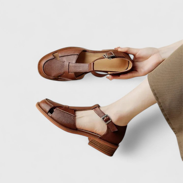Elodie | Women's Leather T-Bar Closed-Toe Block Heel Sandals