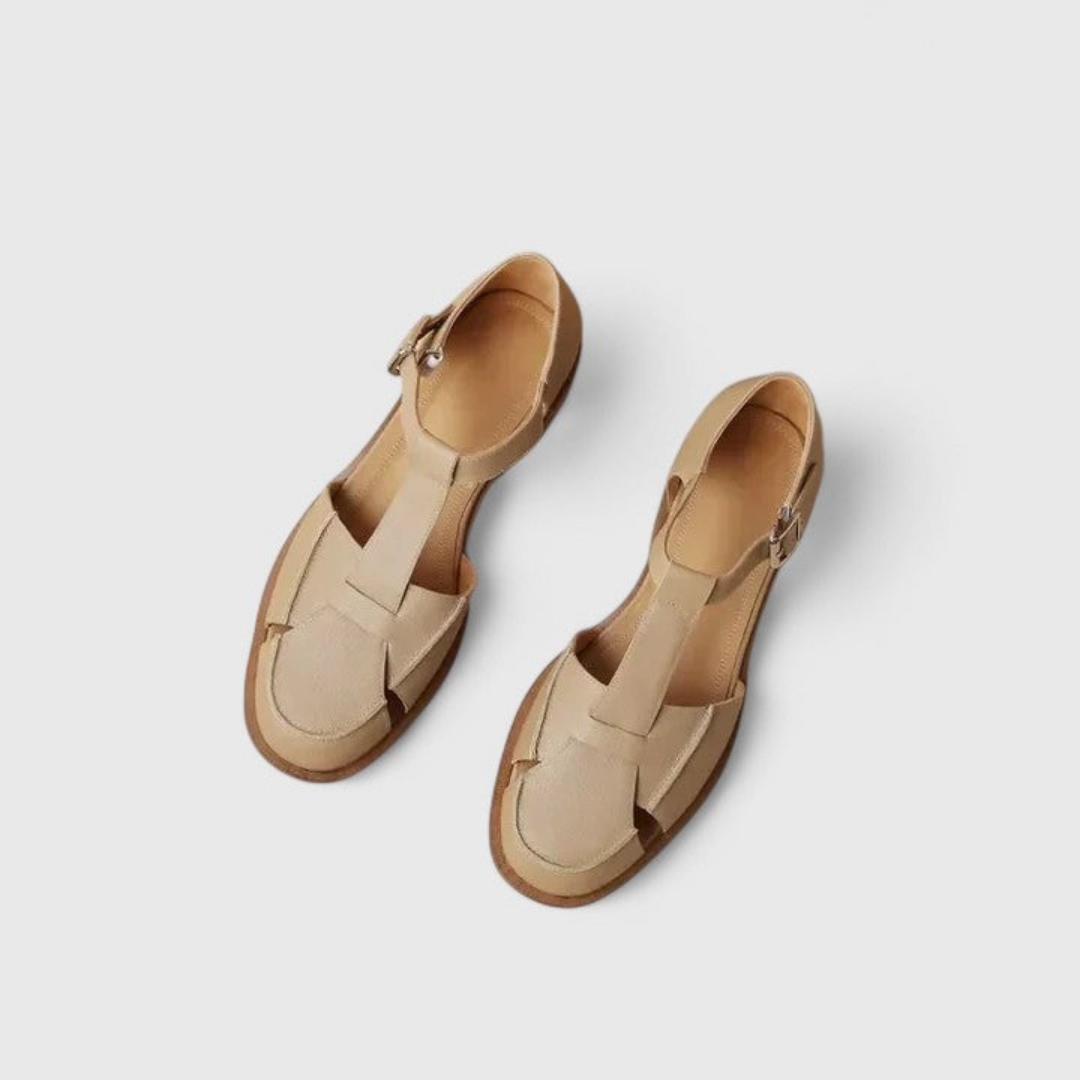 Elodie | Women's Leather T-Bar Closed-Toe Block Heel Sandals