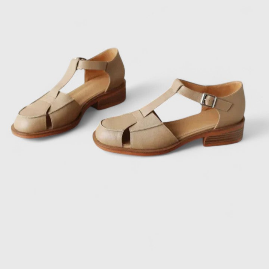 Elodie | Women's Leather T-Bar Closed-Toe Block Heel Sandals