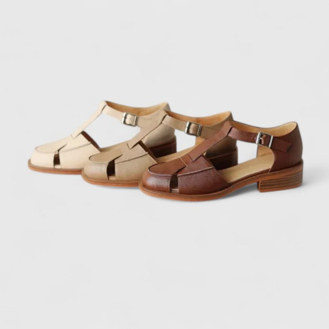 Elodie | Women's Leather T-Bar Closed-Toe Block Heel Sandals