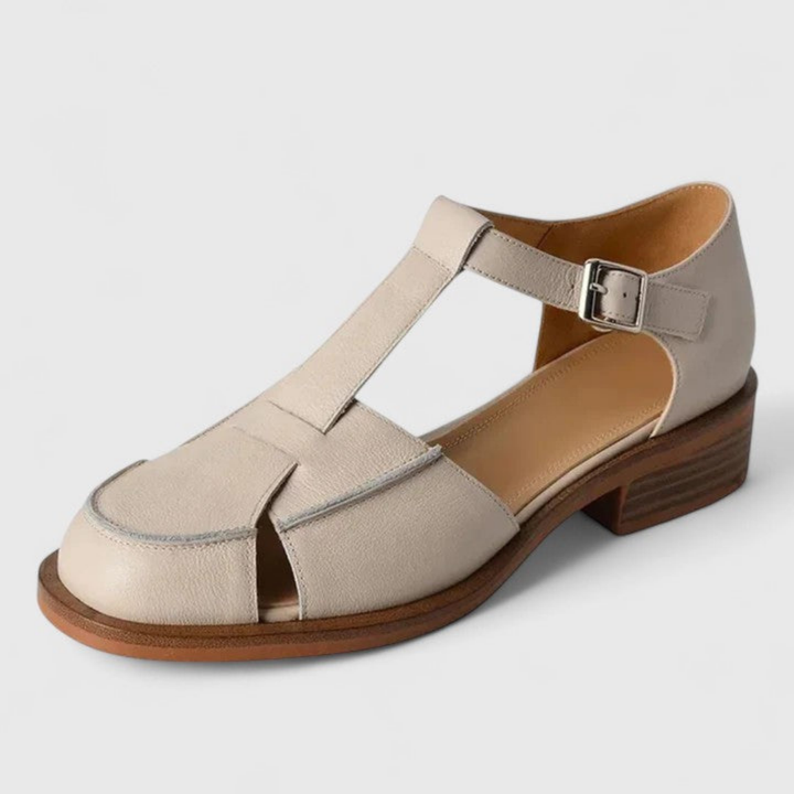 Elodie | Women's Leather T-Bar Closed-Toe Block Heel Sandals