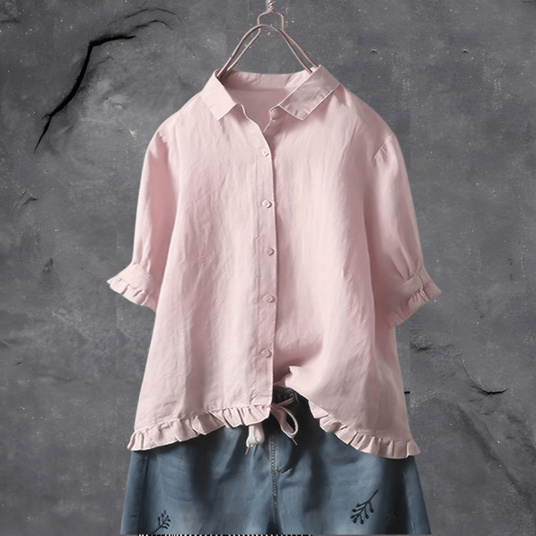 Elodie | Women's Linen Frill-Hem 3/4 Sleeve Relaxed Blouse