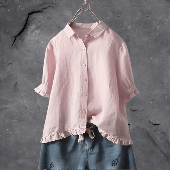 Elodie | Women's Linen Frill-Hem 3/4 Sleeve Relaxed Blouse